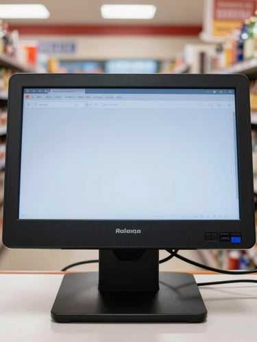 First-person perspective of a heavy-duty physical POS terminal screen at a busy liquor store counter, sharp focus, bright commercial store lighting, realistic retail environment