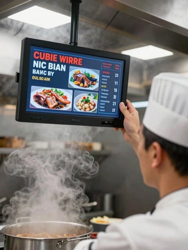 First-person perspective of a chef checking an active kitchen display screen in a steamy, fast-paced restaurant kitchen, bright commercial lighting, realistic environment.
