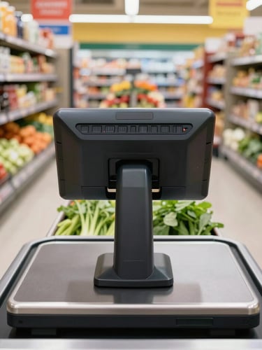 A close-up first-person view of a heavy-duty POS terminal with an integrated scanner-scale unit in a bright, bustling independent grocery store checkout lane, fresh produce on the belt.