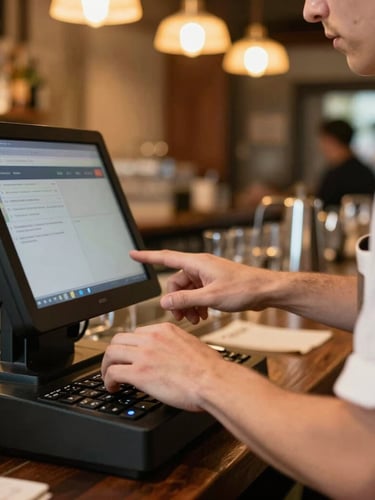 Medium close-up of a busy bartender tapping a rugged terminal screen with active, warm amber bar lighting in the background, sharp focus, 35mm lens.