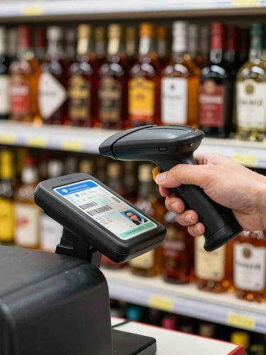 Close-up commercial photography of a cashier's hand scanning a driver's license barcode under bright store lights, heavy-duty scanner visible, liquor bottles neatly stacked on shelves behind.