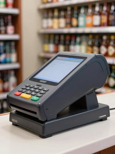 A close-up of a rugged physical POS terminal on a busy liquor store counter, bright commercial lighting, sharp focus on the heavy-duty hardware.