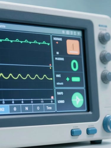 Macro detail shot of a digital ventilator screen showing technical vital graphs, clean sterile laboratory setting, cool blue clinical lighting, sharp focus