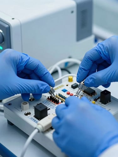 Macro close-up of hands in blue sterile gloves calibrating a complex medical circuit board of an anesthesia machine, cool blue clinical lighting, sharp focus on electronic components, clean laboratory setting, 50mm