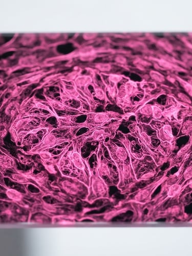 Macro close-up of glowing pink fluorescent cellular structures under UV light, clean white laboratory backdrop, high-contrast futuristic medical photography