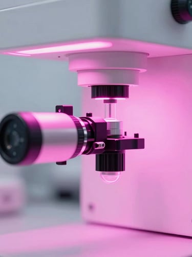 Macro close-up of high-tech laboratory equipment under pink-tinted UV light, clean modern medical facility, 35mm clinical photography