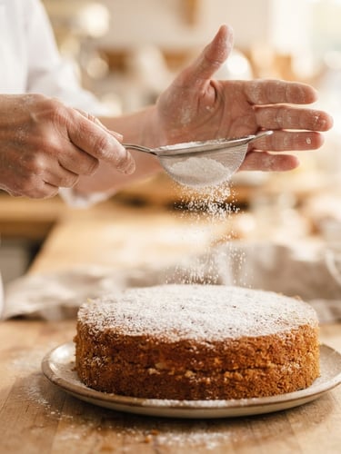 Extreme close-up of a baker's hands dusting powdered sugar over a fresh cake, soft morning light, warm cream tones, shallow depth of field.