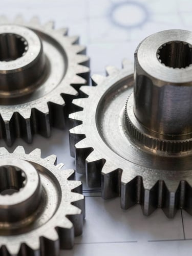 Macro shot of high-contrast steel gears under natural plant-floor daylight, sharp technical details, blueprint precision.