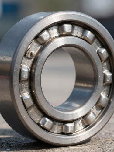 Macro sharp industrial photography of a heavy steel spherical roller bearing with visible metallic textures, high-contrast industrial lighting, sharp depth of field