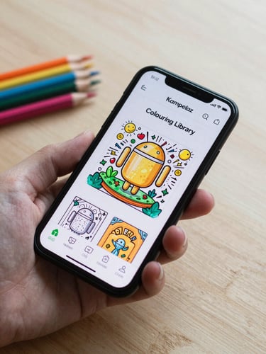 Close-up of an Android phone held in one hand, the Kampelaz Colouring Library interface visible on screen, resting on a light wooden desk beside a few coloured pencils, shot in soft neutral daylight from slightly above, documentary framing