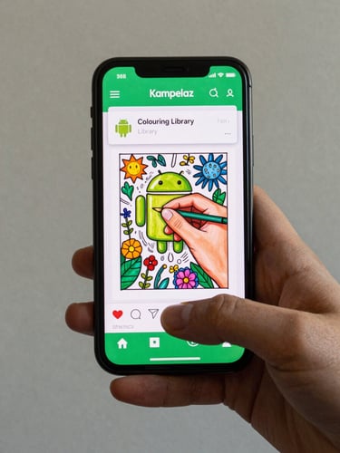Close-up portrait framing of an Android phone held in one hand, Kampelaz Colouring Library app open showing a coloured page in progress, neutral daylight, plain light background, documentary framing, no face visible