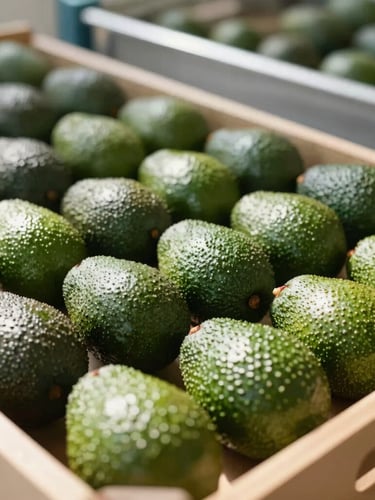 Close-up of fresh, high-quality green avocados being sorted in a modern, bright agricultural processing facility, natural high-contrast sunlight, 35mm lens.