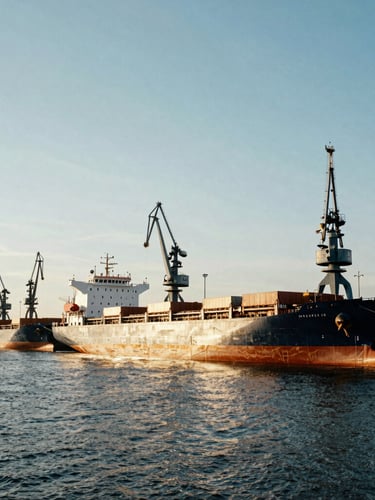 A wide-angle environmental photograph of Rotterdam harbor, massive cargo ships docked alongside modern cranes, golden hour light reflecting off the water.