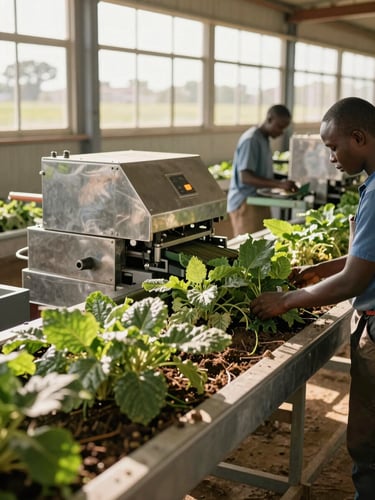 A professional documentary photograph of a modern agricultural packing facility in Africa, bright natural sunlight streaming through high windows, focused on clean stainless steel machinery and active sorting lines.