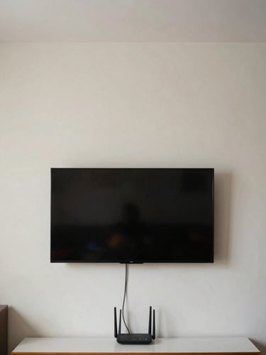 Wide environmental shot of a living room wall, a large flat-screen TV cleanly mounted and centered, cables routed invisibly behind the drywall, a small router with indicator lights on a shelf below, daylight-neutral interior lighting, no people
