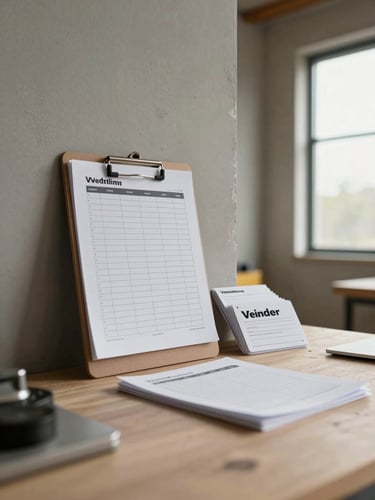 Wide environmental shot of a contractor coordination workspace—clipboard with a printed schedule pinned to a worksite wall, vendor cards fanned beside it, daylight from a window illuminating the surface, no people, neutral warm-gray tones