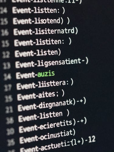 Close-up macro crop of clean, structured configuration code on a dark screen, showing local event listener registrations, crisp orthographic framing
