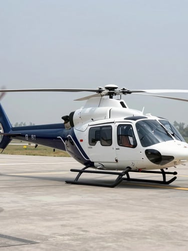 Wide-angle environmental shot of a modern medical helicopter idling on a clean concrete runway in India, clinical white and deep navy fuselage, high-clarity cool daylight, emergency team visible in background.