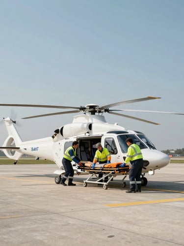Wide environmental shot of a modern medical transport helicopter on a clean tarmac, medical team in high-visibility uniforms preparing a stretcher, bright daylight.