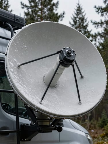 Close-up of a ruggedized, ice-resistant satellite dish mounted to the black steel ladder of an adventure van, overcast daylight, pine forest background.