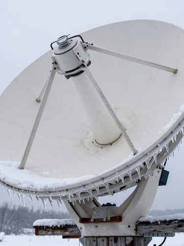 Extreme close-up of a ruggedized satellite dish active in deep snow, thick steel mounting arm bolted to weathered timber, ice melting off the hydrophobic surface, overcast daylight