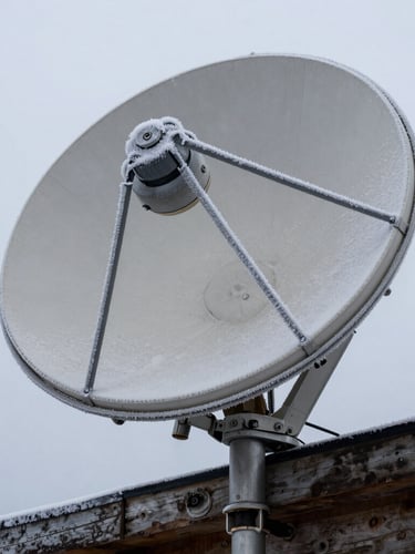 Close-up of a ruggedized satellite dish covered in light frost, mounted securely to weathered timber beams under an overcast grey sky