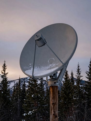 Overcast twilight in the Canadian Rockies; a rugged satellite dish mounted on a heavy timber post, snow dusting the metal, high-contrast forest background.