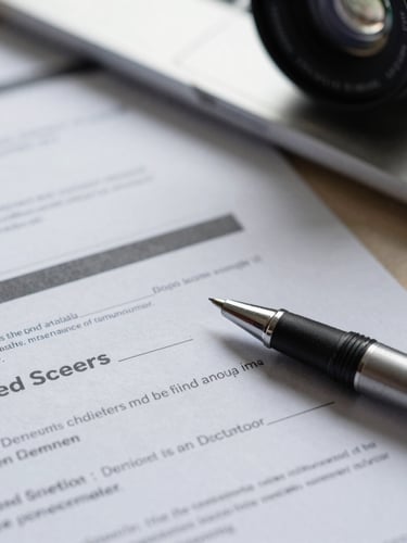 Macro detail of high-quality physical financial documents and a precision pen on a slate desk, cool directional office lighting, sharp focus.