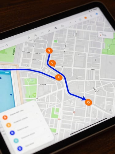 A close-up of a rugged tablet interface displaying a detailed street map with optimized blue route lines and orange stop markers next to a swimming pool edge