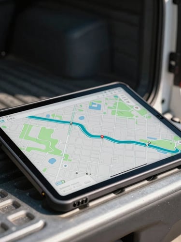 Close-up of a rugged tablet displaying a high-contrast route map with cyan path lines, resting on the metal tailgate of a pool service truck, bright midday sun.