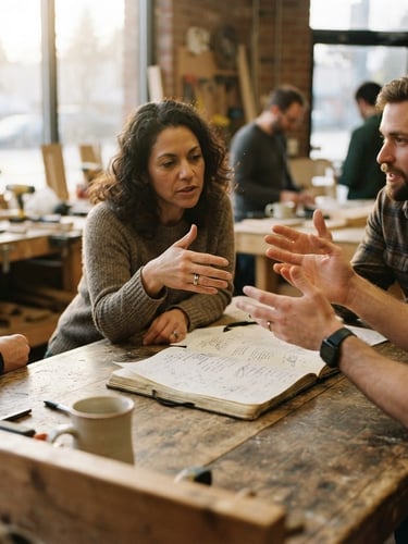 Candid eye-level shot of community members sitting around a wooden table in a warm Seattle workshop space, soft natural daylight, focusing on hands gesturing over a notebook, 35mm editorial style