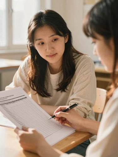 Candid, warm photo of two women looking over a budget sheet together in a bright, sunlit community room, soft focus on their hands, natural daylight, 35mm editorial