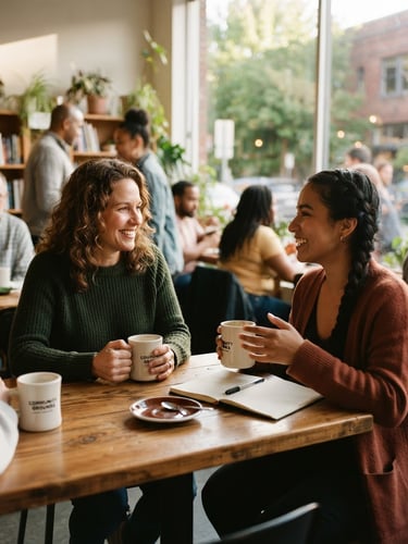 A candid medium shot of a mentor and participant talking warmly over coffee in a sunlit Seattle community center, natural golden-hour daylight, soft organic tones, shallow depth of field, 35mm
