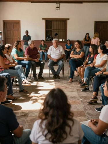 A wide environmental shot of a diverse Argentine community gathering in a warm, sunlit local hall in Buenos Aires, people talking in groups, natural daylight.