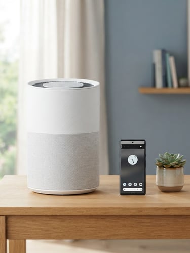 Straight-on eye-level studio shot of a modern air purifier and a smartphone arranged neatly on a clean wooden desk, bright natural window light, slate-blue background accents