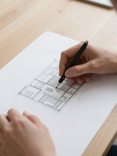 Close-up of hands examining a detailed architectural drawing on a light oak table, soft diffused daylight, precise and clean composition