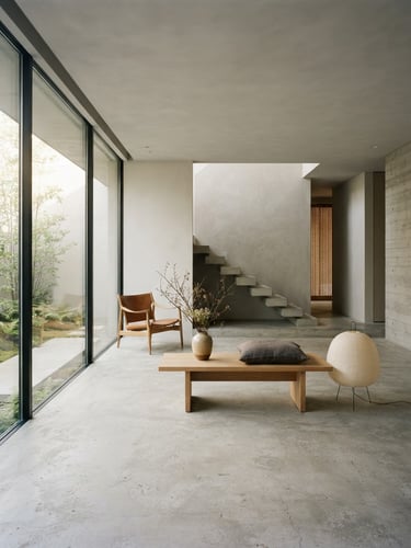 Wide environmental shot of a sunlit minimalist room, raw concrete floor, diffused natural light, soft shadows, architectural editorial style, 35mm lens