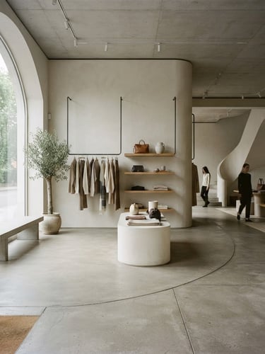 Wide-angle architectural shot of a minimalist boutique retail interior, warm-gray cast concrete flooring, soft diffused daylight streaming through high windows, uncrowded spatial layout