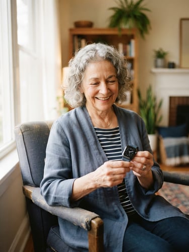 A warm environmental portrait of an active older adult sitting in a sunlit living room, holding a modern, discreet smart watch, soft natural window light, shallow depth of field