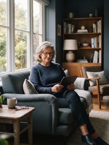 Warm editorial photography of a beautifully lit modern living room with soft window light, an older adult comfortably reading on a tablet, peaceful atmosphere.