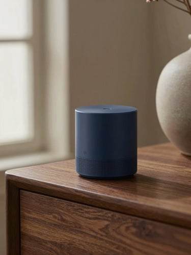 A close-up of a beautifully designed, minimalist smart home sensor resting on a dark wooden side table next to a ceramic vase in a warm, modern living room.