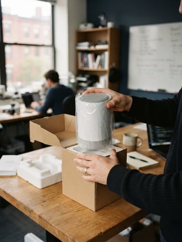 Warm editorial photography of a modern, sunlit Boston research office, natural oak tables, a smart home device being unboxed, shallow depth of field