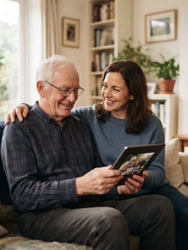 Warm environmental portrait of an adult daughter and her aging father sitting together in a sunlit living room, holding a tablet, natural window light, soft focus background