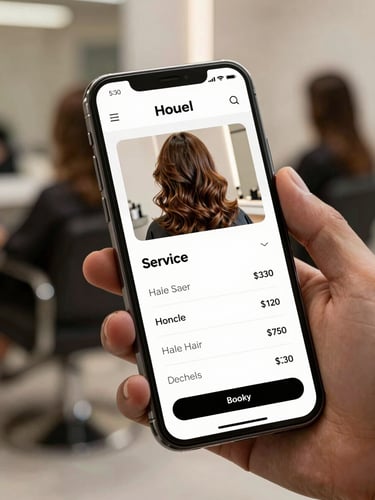 A smartphone mockup showing a modern hair salon website with service listings, pricing, and a booking button