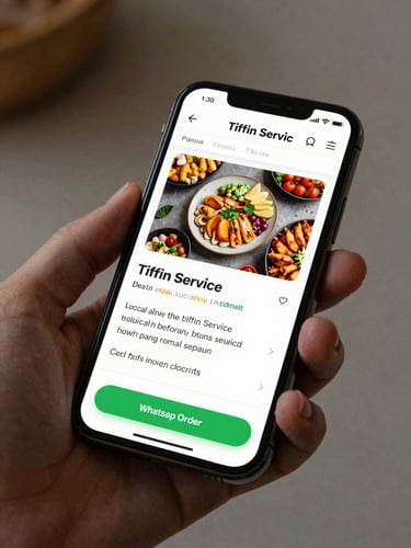 A crisp smartphone mockup showing a local tiffin service website with fresh food photos and a prominent WhatsApp order button