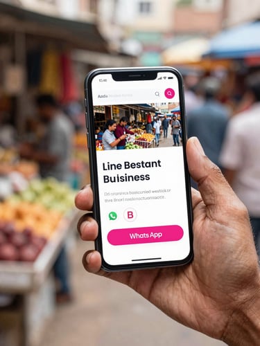 A close-up of hands holding a smartphone in a bright local Indian market, displaying a live business website with a bold pink WhatsApp contact button.