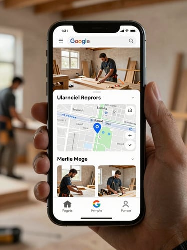 A smartphone mockup displaying a professional carpentry and repair website with project photos and Google Maps location