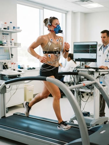 Atleta en un laboratorio clínico, realizando una prueba de esfuerzo en cinta, con sensores biométricos y un médico monitoreando en segundo plano. Iluminación natural brillante, tonos clínicos, enfoque nítido, precisión atlética.