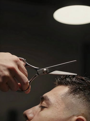 Tight macro shot of a master barber's hands using polished steel shears on a clean skin fade, low-key dramatic spotlighting, dark charcoal background, shallow depth of field, 85mm lens