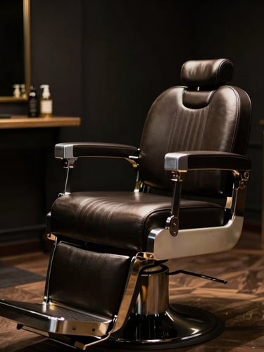 Moody editorial photography, dramatic low-key spotlighting, a pristine empty leather barber chair in a dark luxury studio, shallow depth of field, 85mm lens